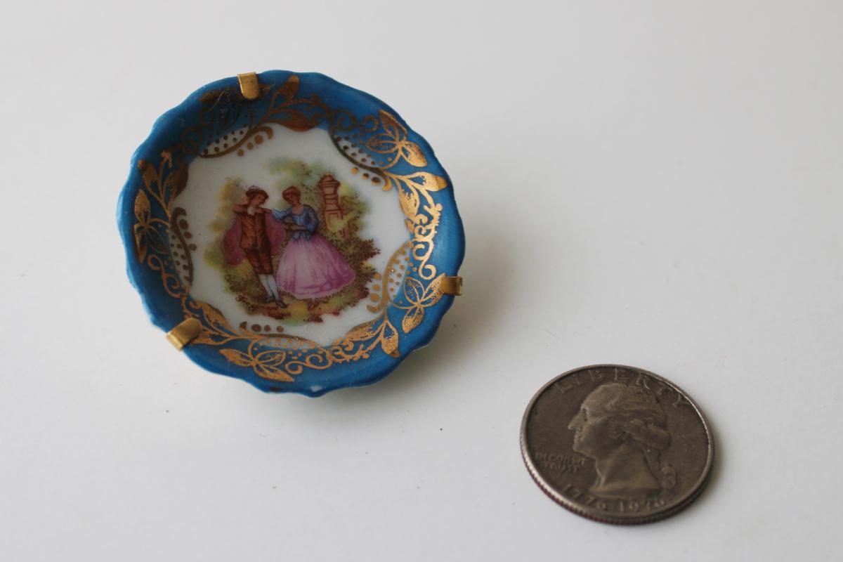 photo of vintage miniature china plate w/ tiny brass hanger, Limoges France OTCO mark #1