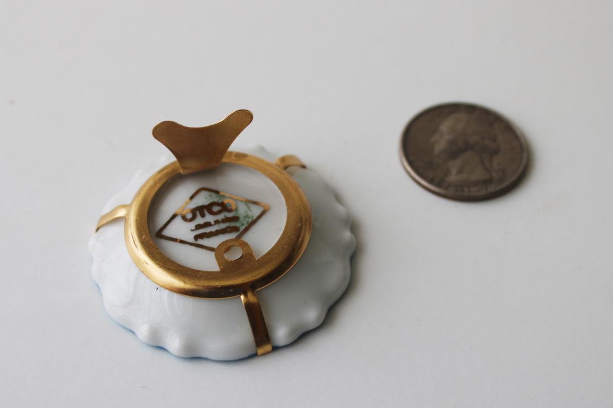 photo of vintage miniature china plate w/ tiny brass hanger, Limoges France OTCO mark #2