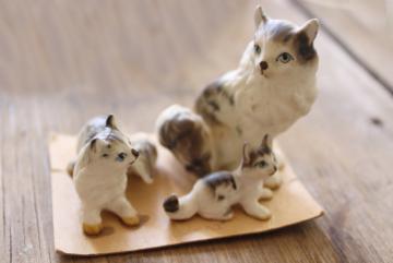 catalog photo of vintage miniatures bone china animals, Persian cat & kittens mini figurines