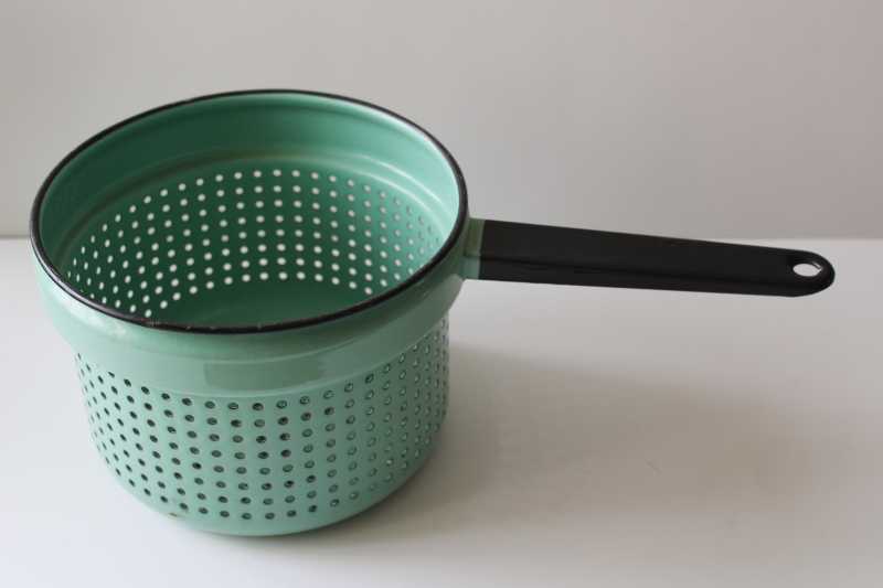 photo of vintage mint green & black trim enamelware strainer, steamer basket, colander w/ handle #1