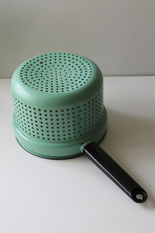 photo of vintage mint green & black trim enamelware strainer, steamer basket, colander w/ handle  #2