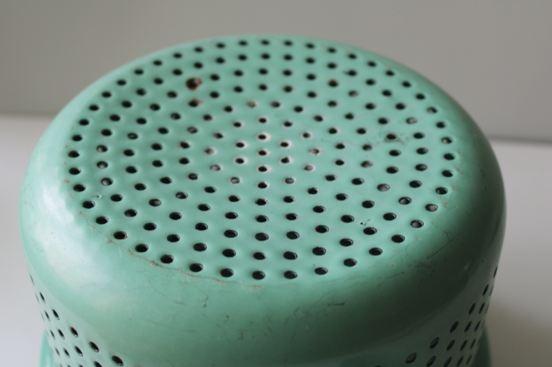 photo of vintage mint green & black trim enamelware strainer, steamer basket, colander w/ handle  #3
