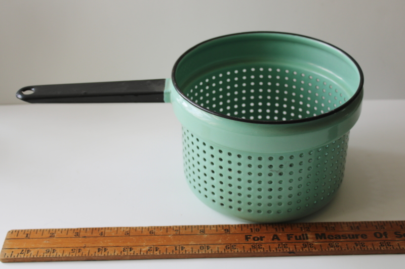 photo of vintage mint green & black trim enamelware strainer, steamer basket, colander w/ handle  #5