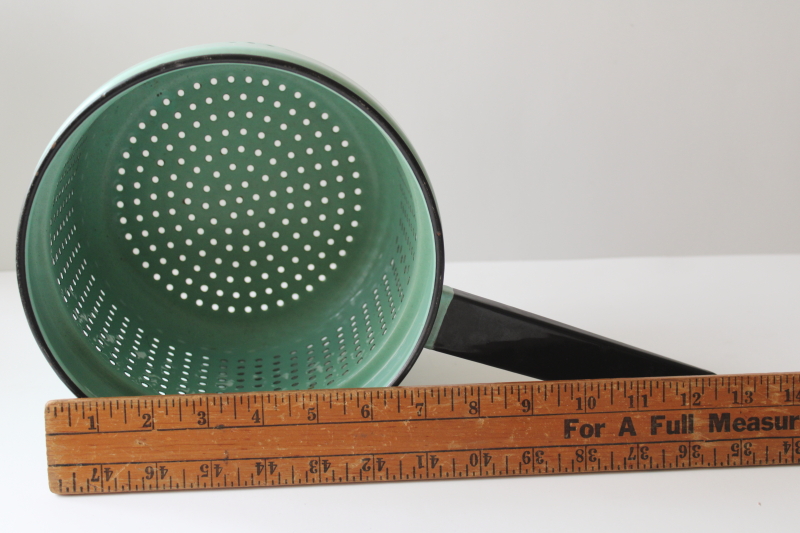 photo of vintage mint green & black trim enamelware strainer, steamer basket, colander w/ handle  #6