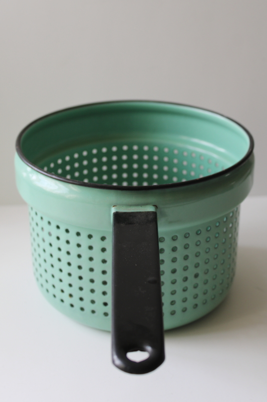 photo of vintage mint green & black trim enamelware strainer, steamer basket, colander w/ handle  #7