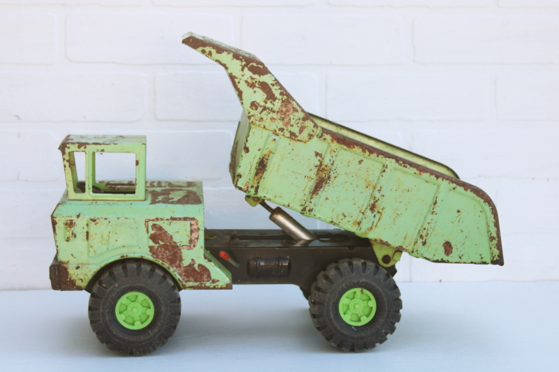 photo of vintage mint green chippy metal dump truck, old Nylint toy truck for rustic country decor #5