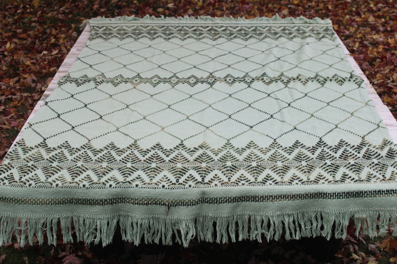 photo of vintage mint green throw blanket w/ fringe, Swedish weaving huck embroidery stitching  #1