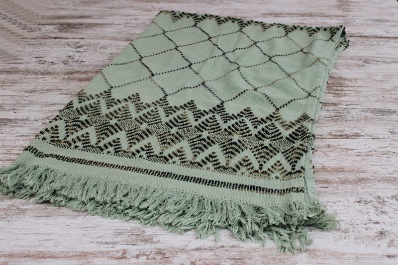 photo of vintage mint green throw blanket w/ fringe, Swedish weaving huck embroidery stitching  #2