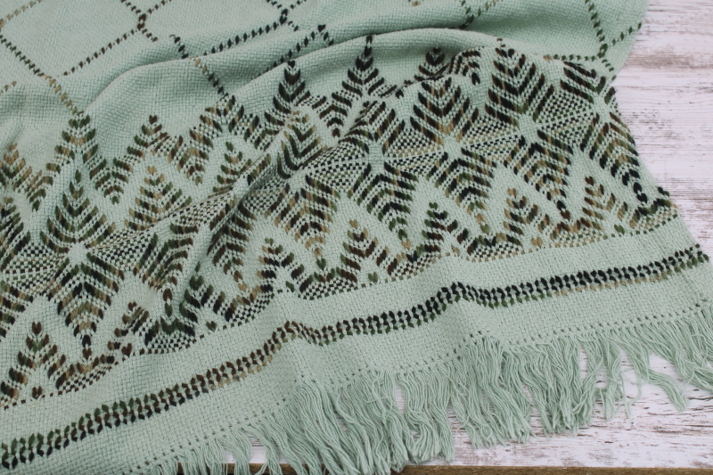 photo of vintage mint green throw blanket w/ fringe, Swedish weaving huck embroidery stitching  #3