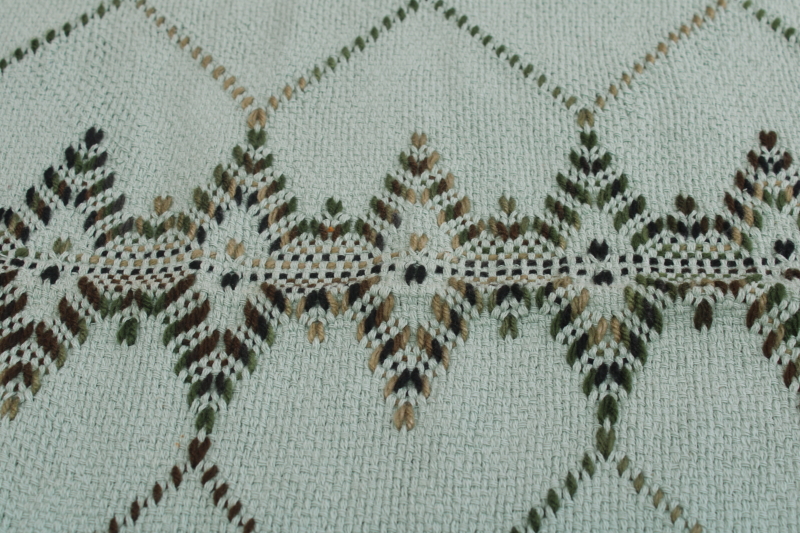 photo of vintage mint green throw blanket w/ fringe, Swedish weaving huck embroidery stitching  #4