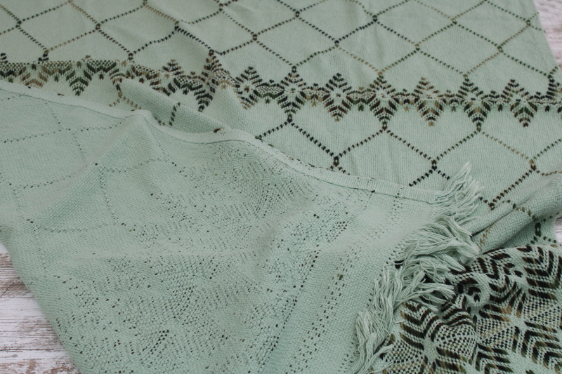 photo of vintage mint green throw blanket w/ fringe, Swedish weaving huck embroidery stitching  #5