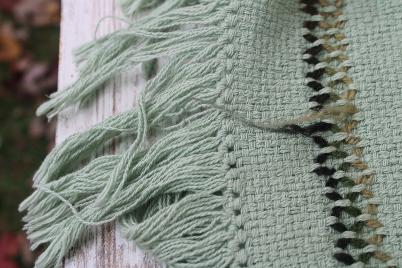 photo of vintage mint green throw blanket w/ fringe, Swedish weaving huck embroidery stitching  #6