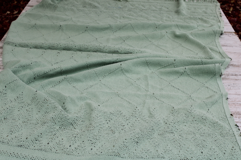 photo of vintage mint green throw blanket w/ fringe, Swedish weaving huck embroidery stitching  #7