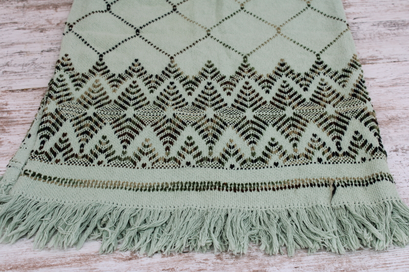 photo of vintage mint green throw blanket w/ fringe, Swedish weaving huck embroidery stitching  #8