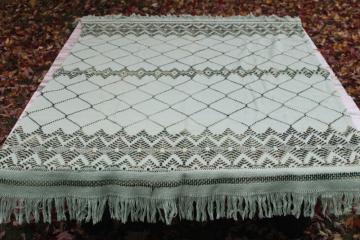 catalog photo of vintage mint green throw blanket w/ fringe, Swedish weaving huck embroidery stitching 