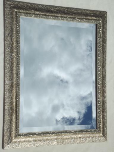 photo of vintage mirror, large beveled edge glass mirror in silvered antique gold wood frame #1