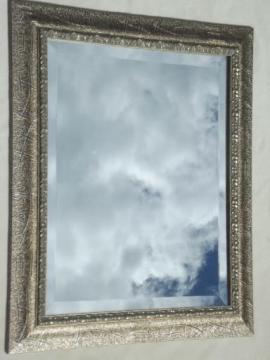 catalog photo of vintage mirror, large beveled edge glass mirror in silvered antique gold wood frame