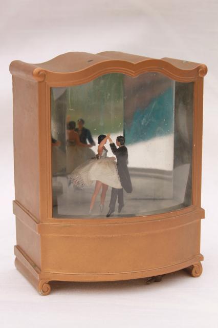 photo of vintage mirror plastic shadowbox music box w/ dancer couple dancing to waltz #1