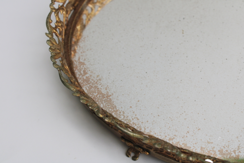 photo of vintage mirrored glass vanity tray, footed plateau oval shape gold metal filigree frame  #2