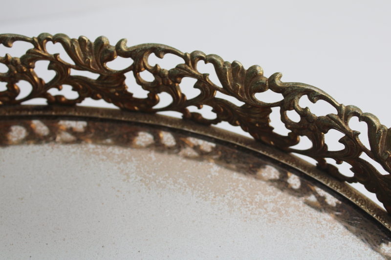 photo of vintage mirrored glass vanity tray, footed plateau oval shape gold metal filigree frame  #3