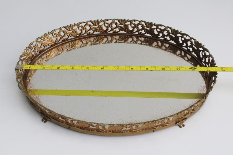 photo of vintage mirrored glass vanity tray, footed plateau oval shape gold metal filigree frame  #7