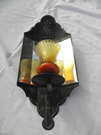 photo of vintage mirrored tole wall sconce lamp for votive candle, antique gold over black paint #1