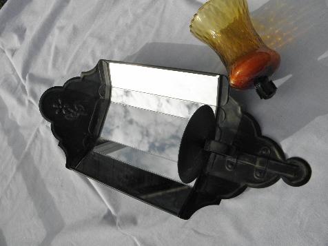 photo of vintage mirrored tole wall sconce lamp for votive candle, antique gold over black paint #2