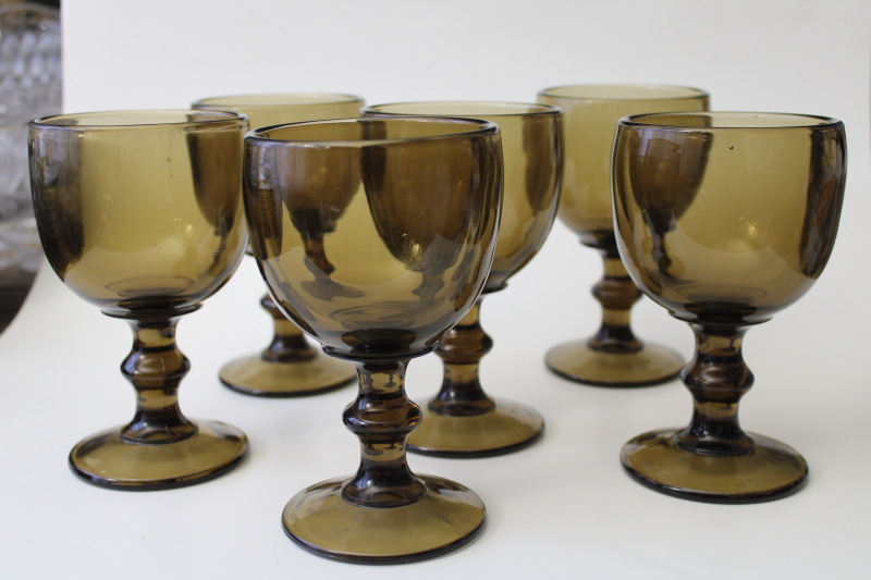 photo of vintage mocha brown smoke glass goblets, chunky Hoffman house water wine glasses #1