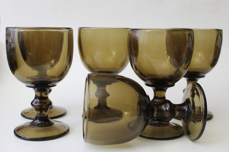 photo of vintage mocha brown smoke glass goblets, chunky Hoffman house water wine glasses #3