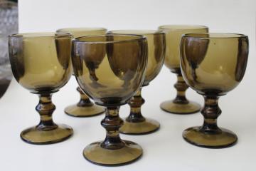 vintage mocha brown smoke glass goblets, chunky Hoffman house water wine glasses