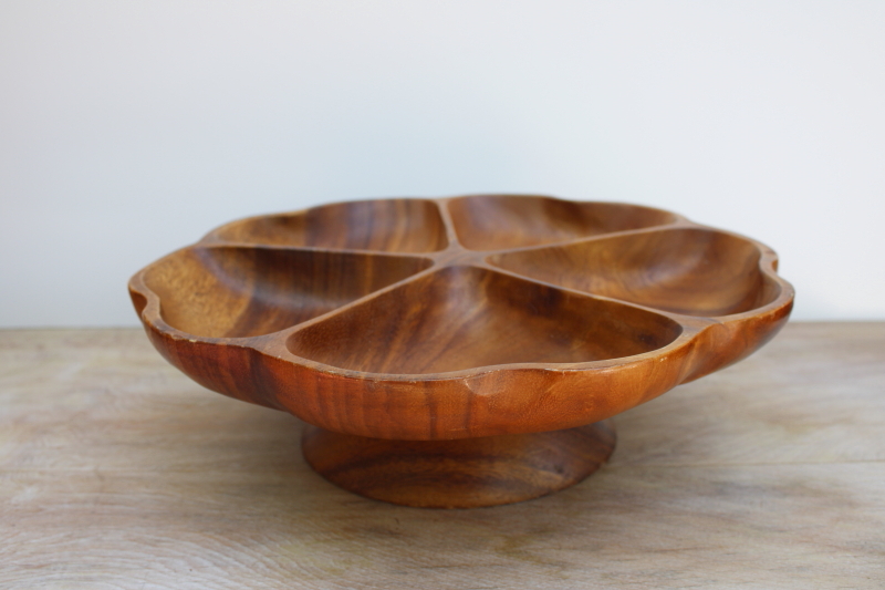 photo of vintage monkey pod wood lazy susan turntable relish tray, mod flower shape divided dish #1