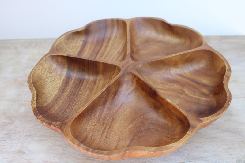 photo of vintage monkey pod wood lazy susan turntable relish tray, mod flower shape divided dish #2