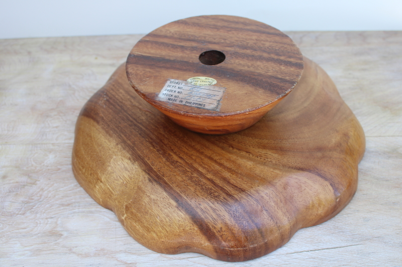 photo of vintage monkey pod wood lazy susan turntable relish tray, mod flower shape divided dish #3