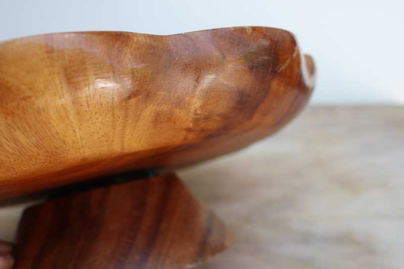 photo of vintage monkey pod wood lazy susan turntable relish tray, mod flower shape divided dish #5