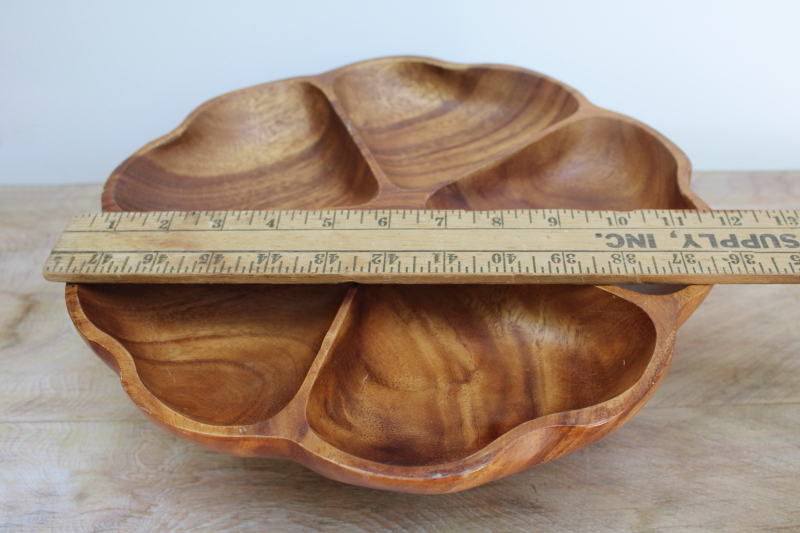 photo of vintage monkey pod wood lazy susan turntable relish tray, mod flower shape divided dish #6