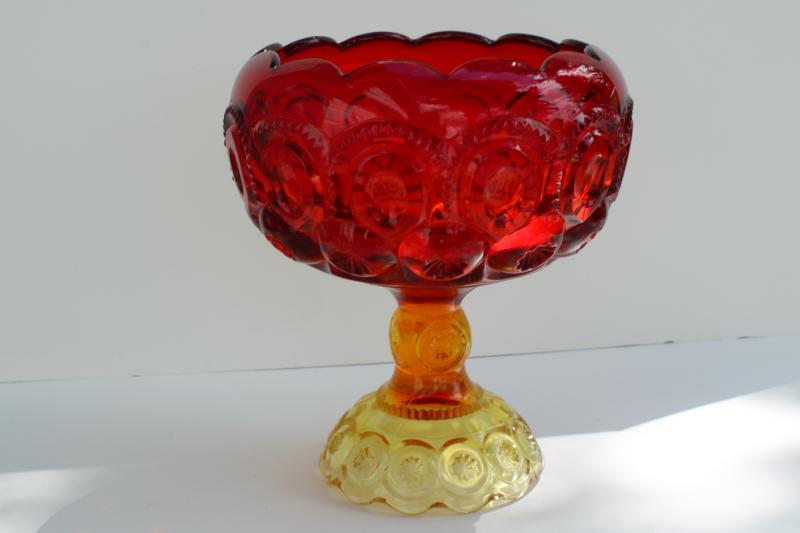 photo of vintage moon and stars pattern amberina glass, cupped shape compote pedestal bowl #1