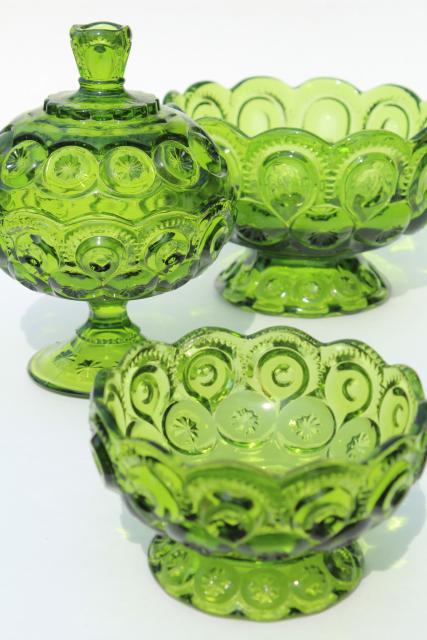 photo of vintage moon and stars pattern green glass candy dishes, instant collection #1