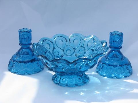 photo of vintage moon & star pattern glass, colonial blue console set, bowl & candlesticks #1