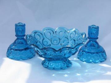 catalog photo of vintage moon & star pattern glass, colonial blue console set, bowl & candlesticks