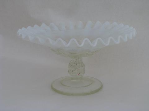 photo of vintage moonstone opalescent glass comport candy dish, crimped ruffle edge bowl #1