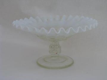 catalog photo of vintage moonstone opalescent glass comport candy dish, crimped ruffle edge bowl