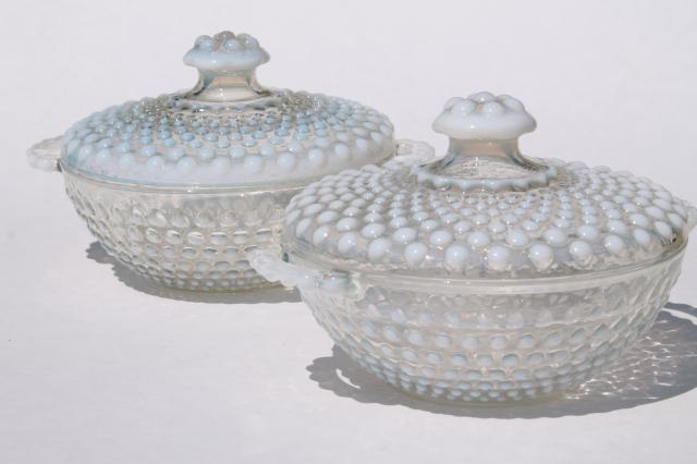 photo of vintage moonstone opalescent hobnail glass, Anchor Hocking candy dish bowls w/ lids #1