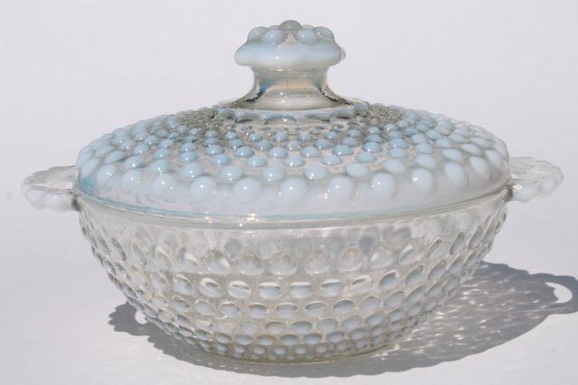 photo of vintage moonstone opalescent hobnail glass, Anchor Hocking candy dish bowls w/ lids #2