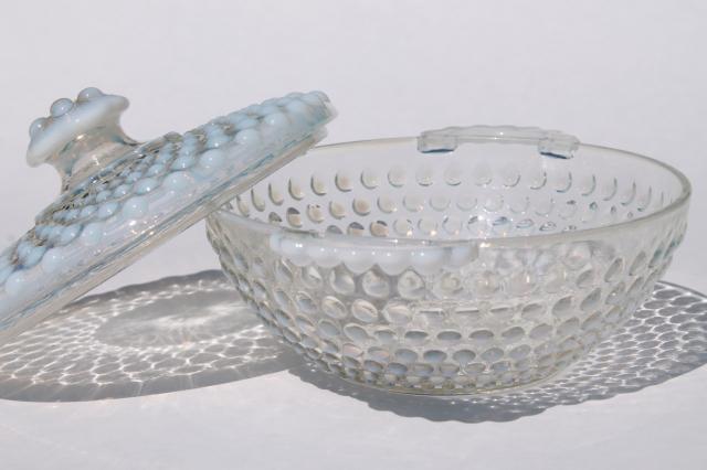 photo of vintage moonstone opalescent hobnail glass, Anchor Hocking candy dish bowls w/ lids #3