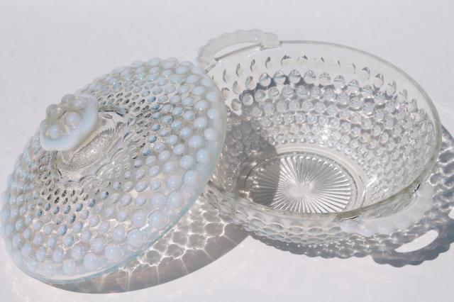 photo of vintage moonstone opalescent hobnail glass, Anchor Hocking candy dish bowls w/ lids #4