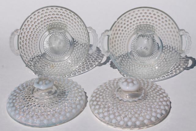 photo of vintage moonstone opalescent hobnail glass, Anchor Hocking candy dish bowls w/ lids #5