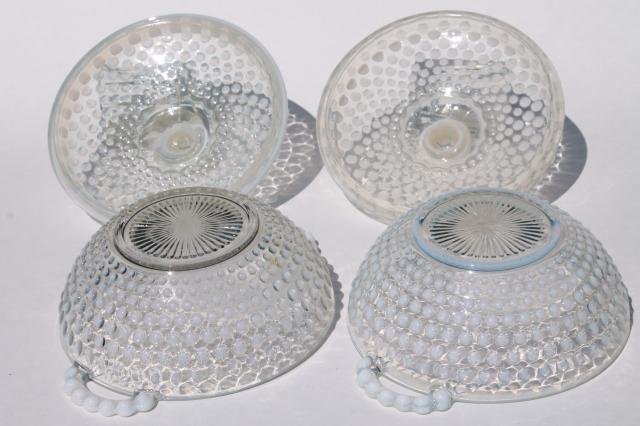 photo of vintage moonstone opalescent hobnail glass, Anchor Hocking candy dish bowls w/ lids #6