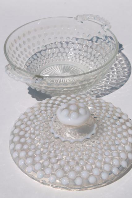 photo of vintage moonstone opalescent hobnail glass, Anchor Hocking candy dish bowls w/ lids #8