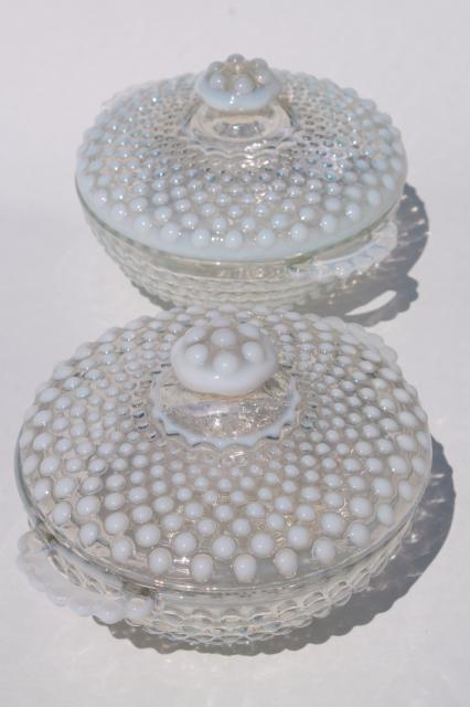 photo of vintage moonstone opalescent hobnail glass, Anchor Hocking candy dish bowls w/ lids #9