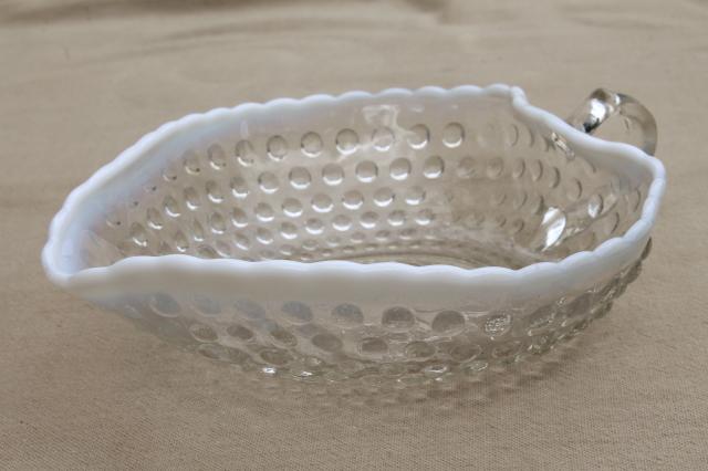 photo of vintage moonstone opalescent hobnail glass candy dish, bowl w/ finger ring handle #1